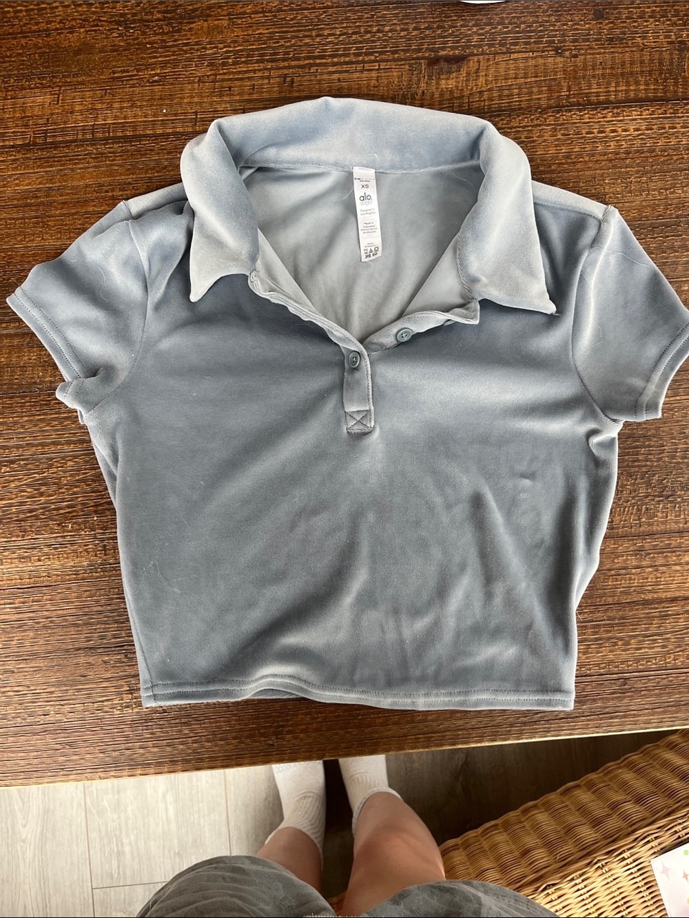 ALO Light Blue Velour Polo Crop Top